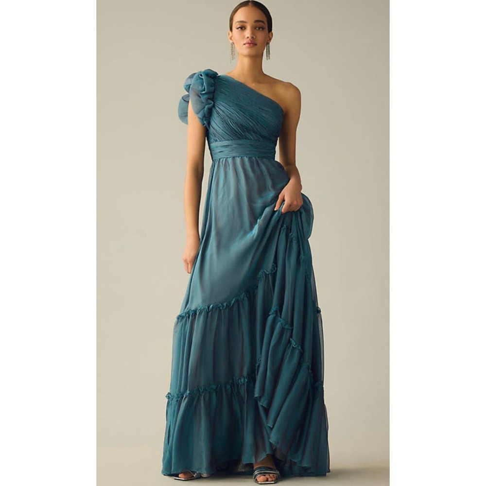 Mac Duggal Organza One Shoulder Pleated Gown Ruffled Tiered Size 10 67878